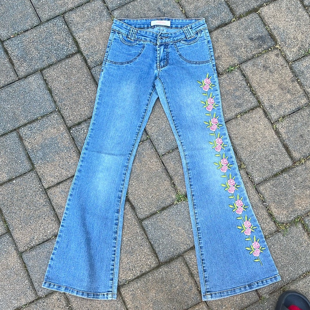 Denim 90s Style Jeans (with flower deigns), For Girls